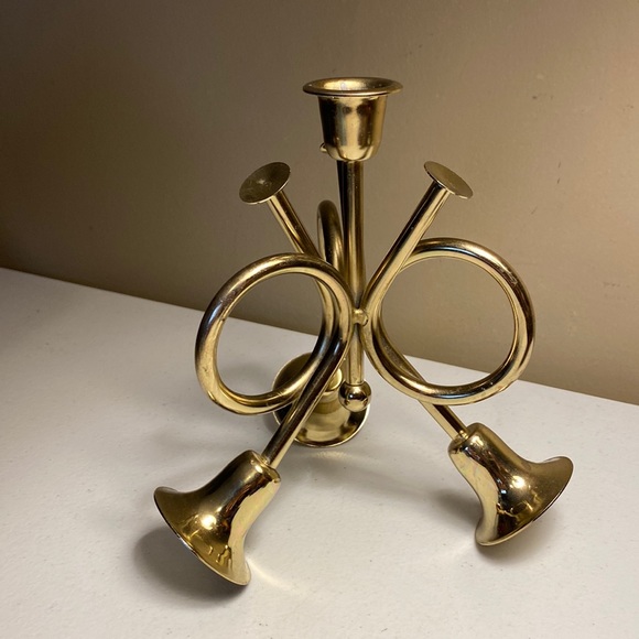 Brass Triple Horn Candlestick Holder - Picture 1 of 8